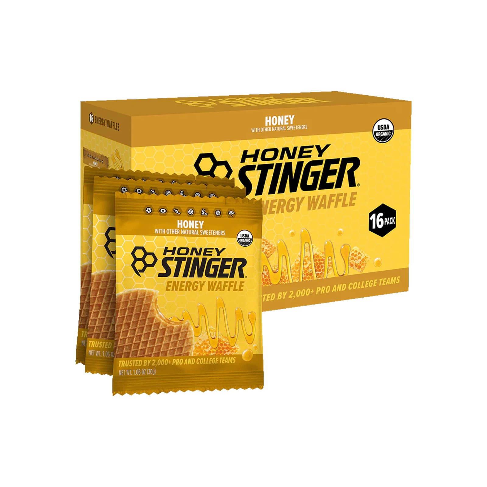 Honey Stinger Energy Waffles package on a white background