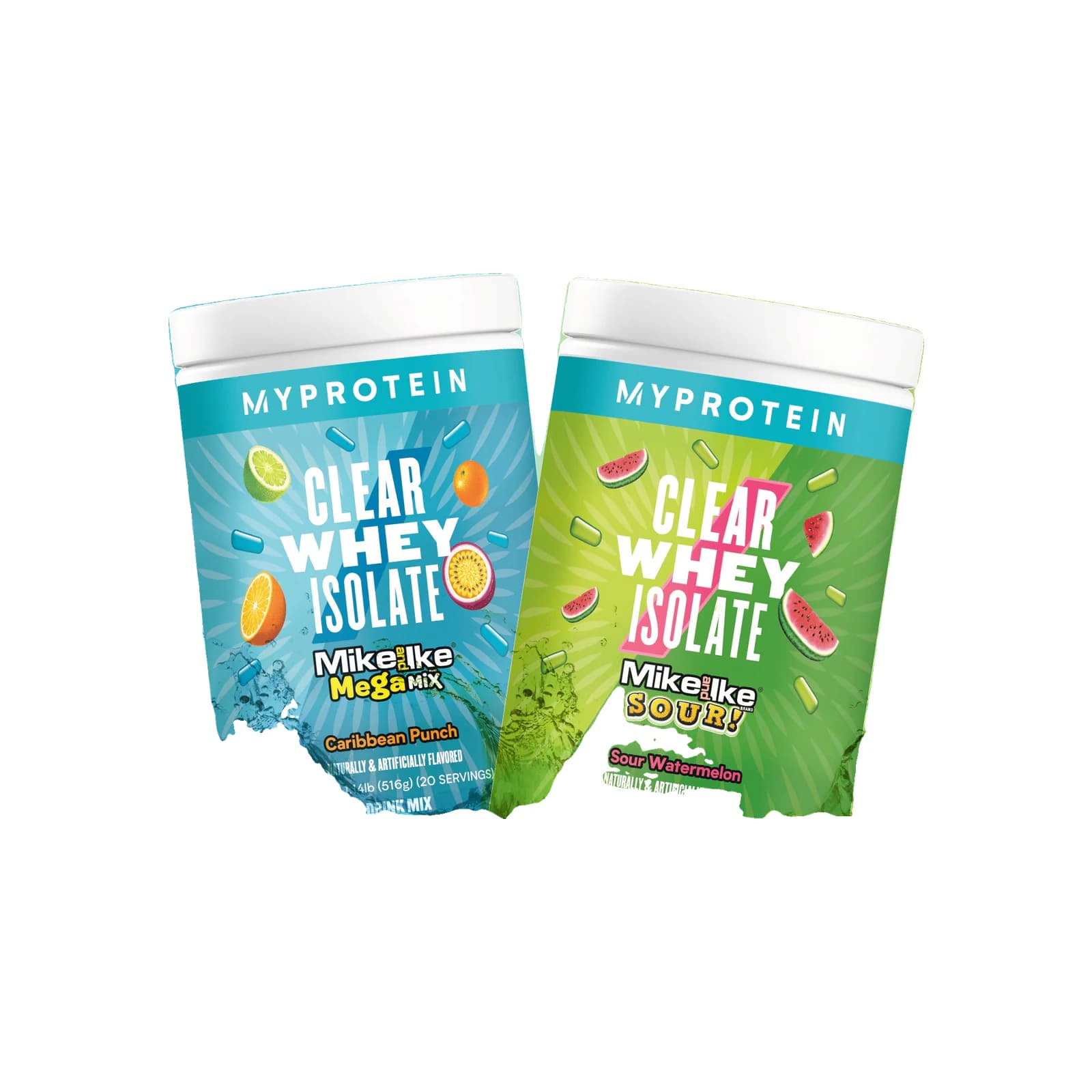Myprotein Clear Whey Isolate Mike and Ike package on a white background