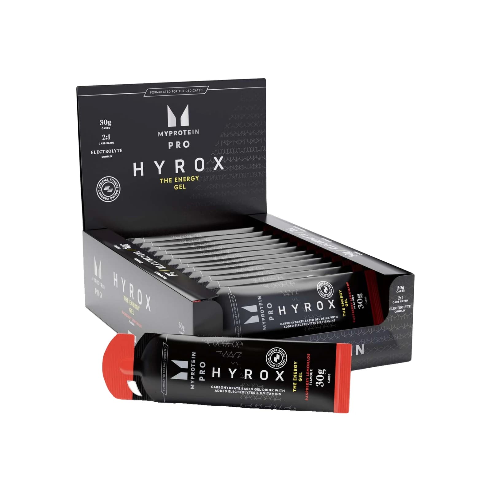 Myprotein HYROX Energy Gel package on a white background