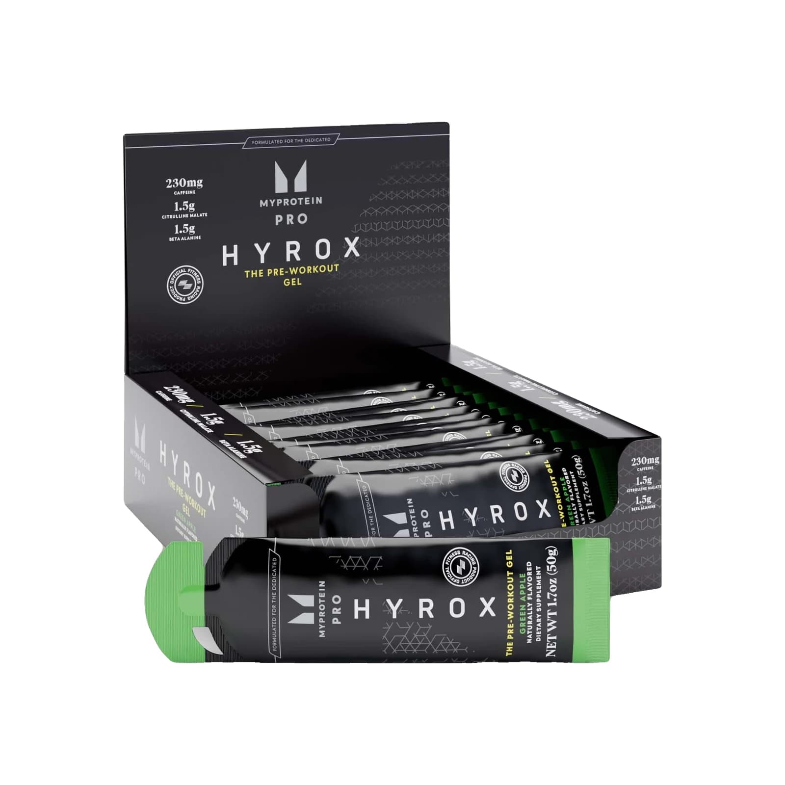 Myprotein HYROX Pre-Workout Gel package on a white background